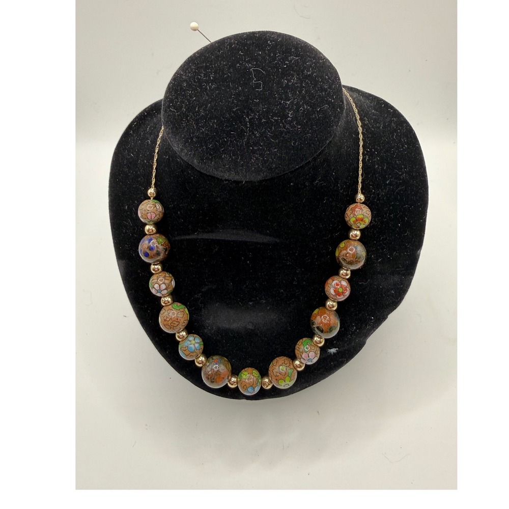 Vintage Cloisonne Floral Enamel Bead Necklace Gold Tone Rope Chain 28 Inch